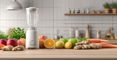 Kitchen countertop with blender and fresh produce