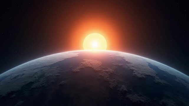 Dawn, the sun rises behind the planet earth. Sunrise over the globe. World top view from the space. Day to night transition, great for the news or climatic change concept. Spacescape background in 4k