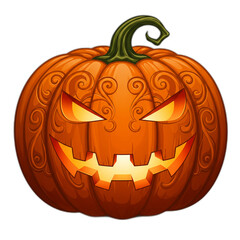 3D cartoon jack o lantern with swirly patterns on a transparent background for Halloween.