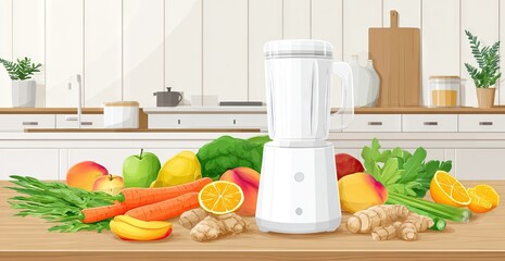 White blender amidst colorful fruits and vegetables on a kitchen counter