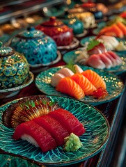 Fototapeta premium Neatly arranged sushi conveyor belt where each round plate holds one piece of sushi including tuna salmon sea urchin uni squid and shrimp in vivid detail