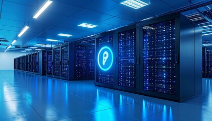 Modern server room with glowing icon