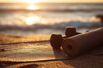 Yoga mat and dumbbells on beach at sunset (2)