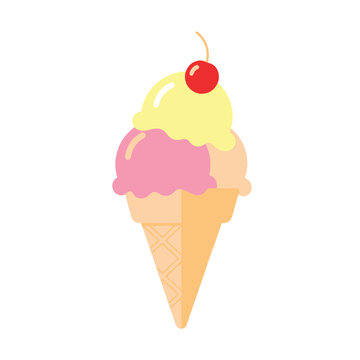 Illustration of a colorful ice cream cone with three scoops and a cherry on top.