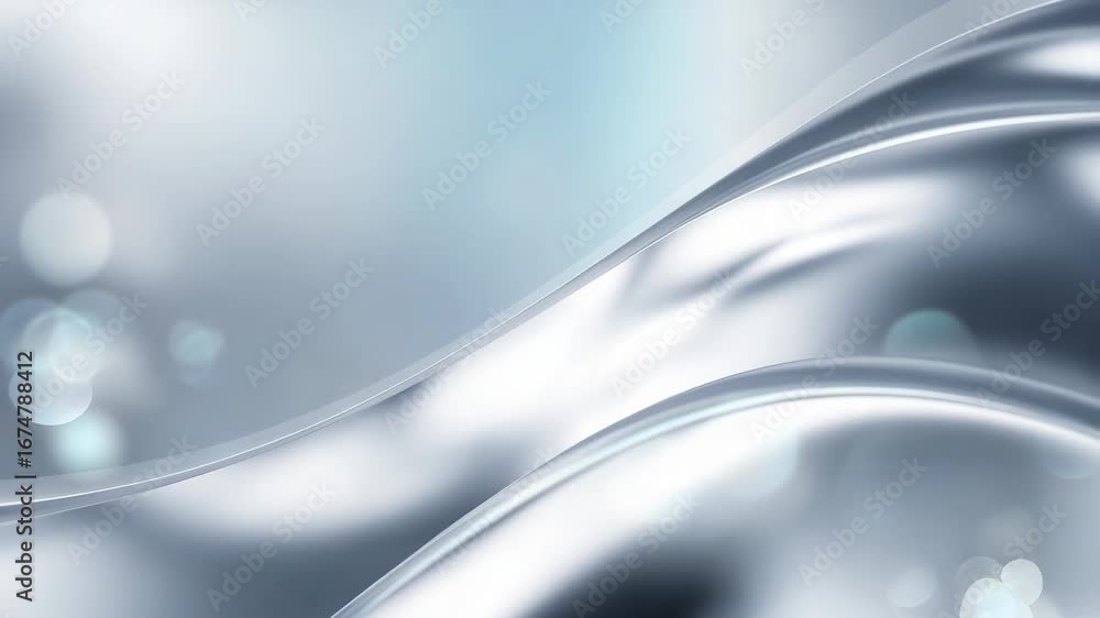 Poster close-up of smooth reflective silver liquid surface with bokeh background
