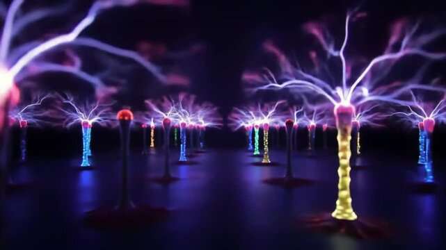 Plasma Lamp Forest: Electric Tendrils and Glowing Bases in a Dark, Animated Scene