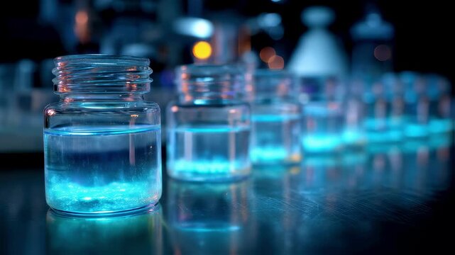 Laboratory medium shot with a closeup on bioluminescent bacteria cultures in shaking incubator flasks background scientific tools and researchers blurred to highlight