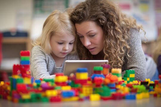 Young girl and woman looking at tablet