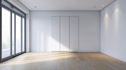 Obraz premium Empty room white walls wood floor sliding glass door daylight