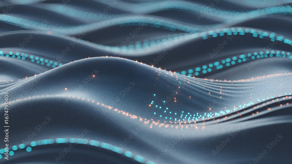 Poster a serene abstract wave pattern with glowing dots, creating a calming atmosphere