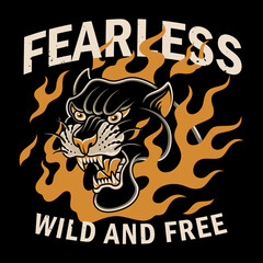 Bold vector illustration of a black panther's head engulfed in flames, in old school tattoo style