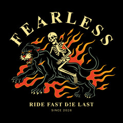 vector illustration of a skeleton riding a fiery black panther in old school tattoo style
