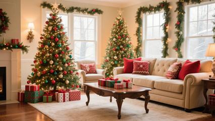 A holiday living room scene showcasing two elegantly decorated Christmas trees adorned with colorful ornaments and twinkling lights. Christmas, Christmas Tree, Merry Christmas, Christmas Background