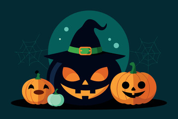 Spooky Halloween Jack O Lantern with Witch Hat and Pumpkins