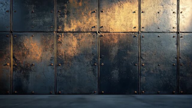 Dynamic Closeup of a Grungy Industrial Metal Wall with Rust Rivets and Textured Surface.