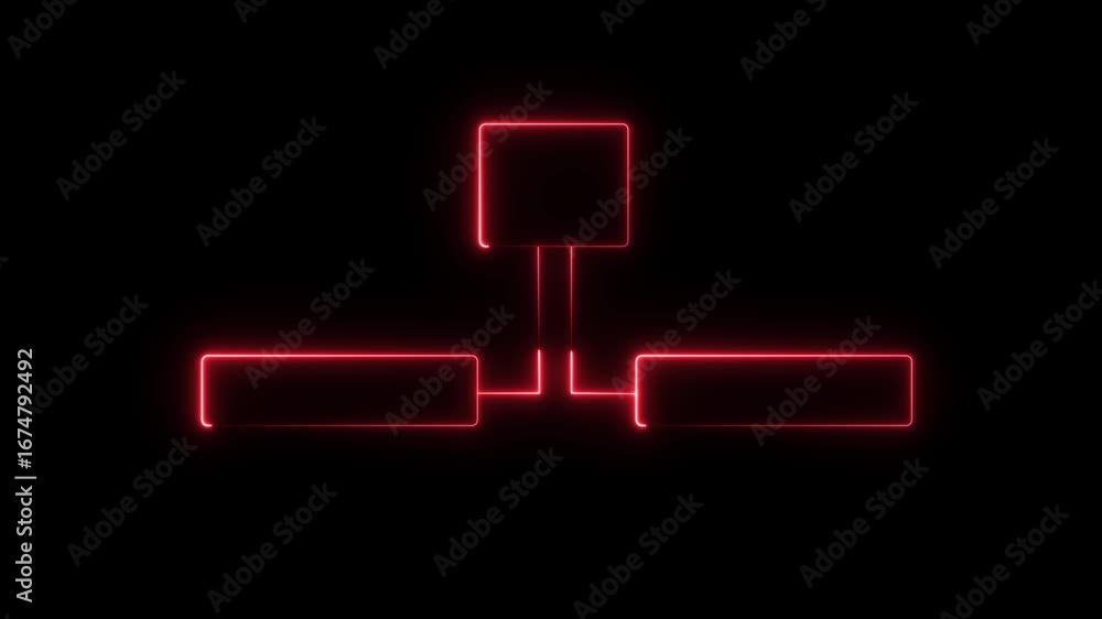 Poster red neon glow rectangular shapes connected in hierarchy on black background light abstract