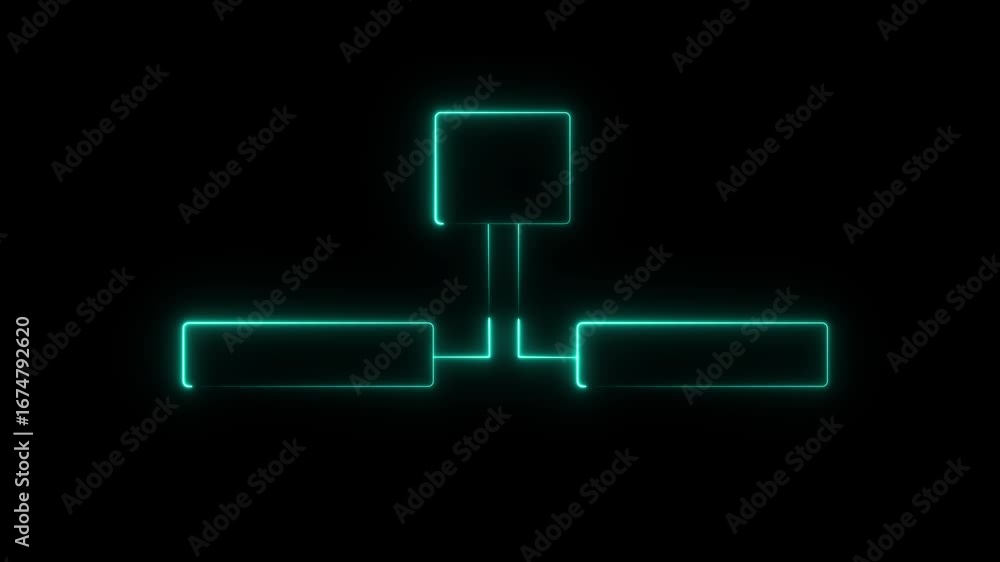 Poster teal neon glow rectangular shapes connected in hierarchy on black background cyan blue