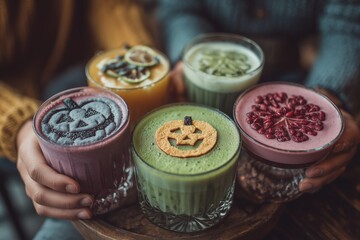 Vibrant assortment of Halloween-themed smoothies displayed in decorative glasses.