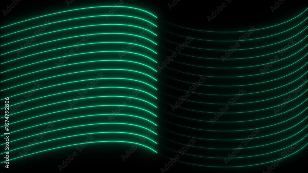 Poster green neon lines abstract wavy pattern on black background bright curve