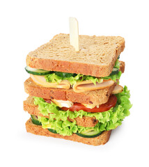 Tasty sandwich with ham and vegetables isolated on white