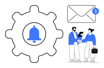 Gear with bell icon for alerts, email with unread message count, two professionals shaking hands. Ideal for communication, teamwork, settings, email, notification alerts connection. Simple flat