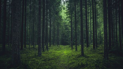 Obraz premium Tranquil forest path with lush green ground cover