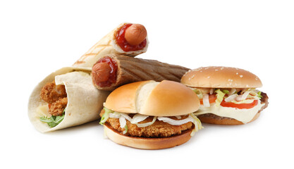 Delicious burgers, hot dogs and wrap isolated on white. Tasty fast food