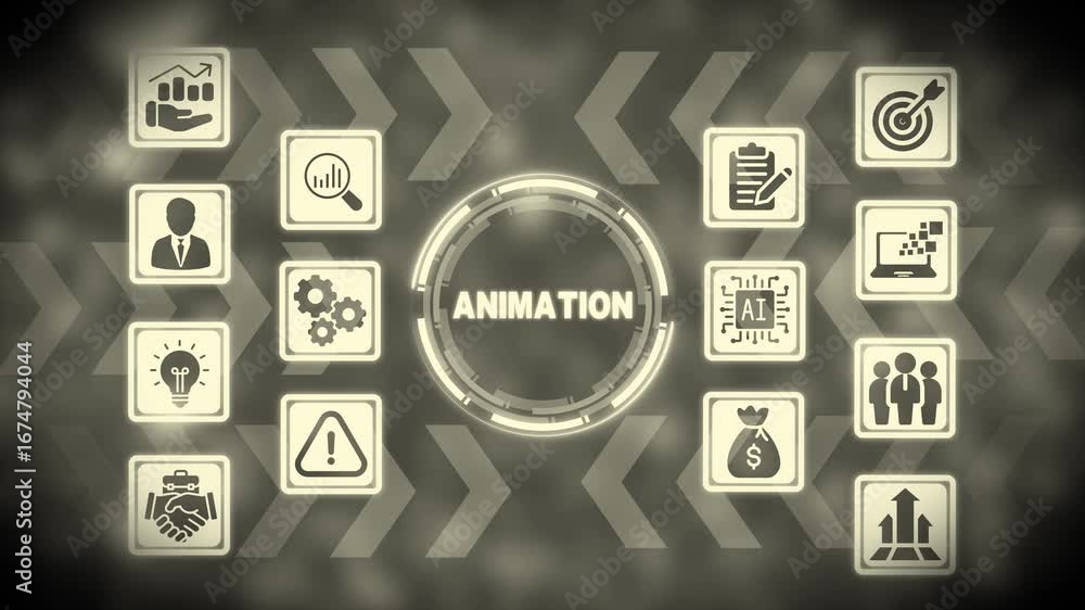 Poster business concept with animation technology and workflow icons in a sepia toned display image photo