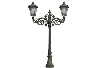 Ornate vintage street lamp illuminating with transparent background