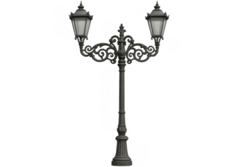 Ornate vintage street lamp illuminating with transparent background