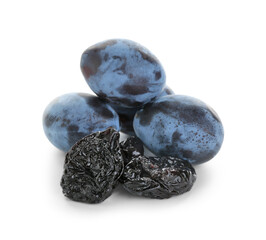 Dried prunes and fresh plums isolated on white
