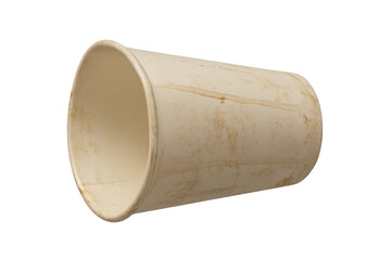 Stained disposable paper cup lying on transparent background