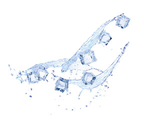 Ice cubes and splashing water on white background