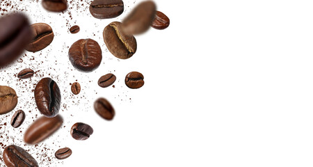 Roasted coffee beans falling against white background