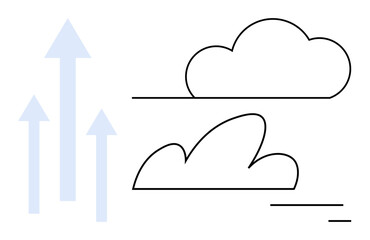 Two outlined clouds and three upward arrows symbolize growth, innovation, success, and transformation. Ideal for business, technology, education, environment, creativity progress and a simple