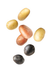 Different types of fresh potatoes falling on white background