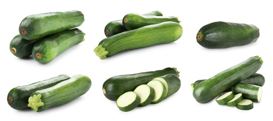 Fresh ripe zucchinis on white background, collage. Whole and sliced