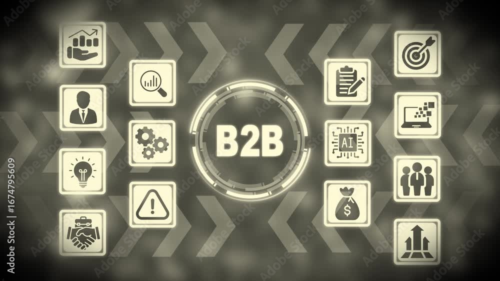 Poster digital b2 b concept with surrounding business and technology icons on a dark background business to