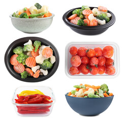 Different frozen vegetables on white background, collage