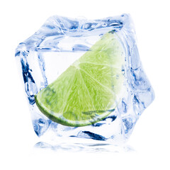 Fresh lime wedge in ice cube isolated on white