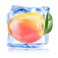 Ripe mango fruit in ice cube isolated on white