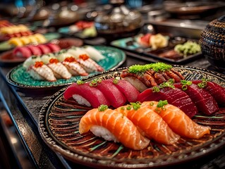 Sushi conveyor belt with round plates featuring single pieces of tuna salmon sea urchin uni squid and shrimp arranged in a vibrant detailed row
