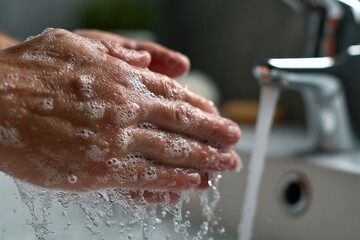 Fototapeta premium Washing hands to promote hygiene and health bathroom instructional image clean environment close-up view preventive care concept