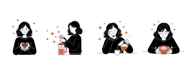 Cozy self-care routine illustration: Woman enjoying warm coffee or tea moments, embracing comfort and self-love.