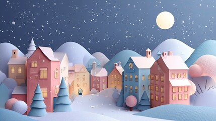Papercraft village winter night scene, snowy hills, starry sky, moonlit greeting card