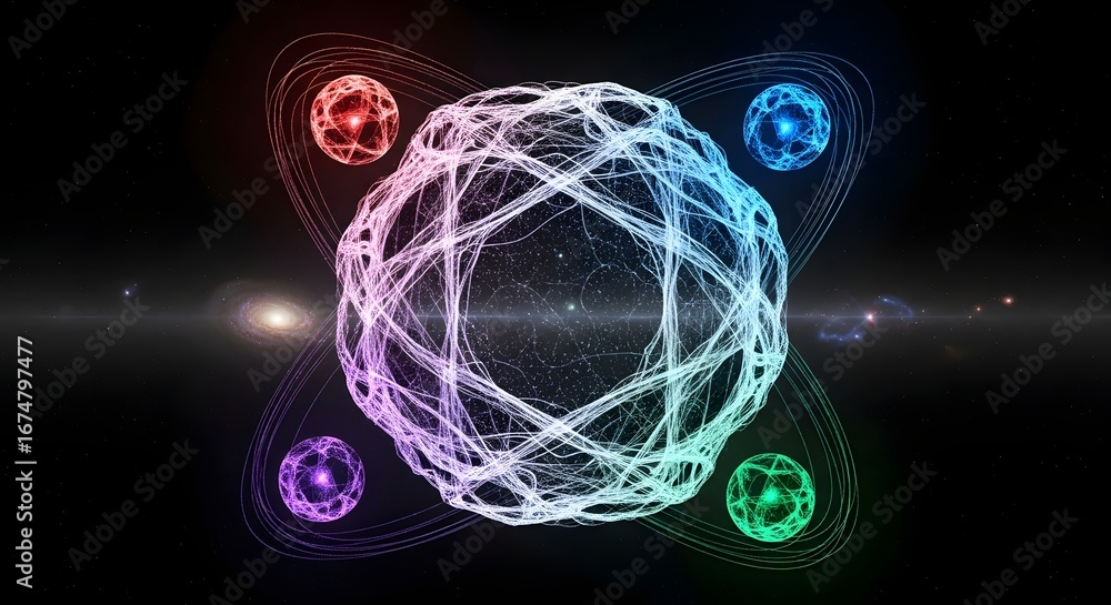 Poster abstract digital network with colorful spheres and light trails in space setting