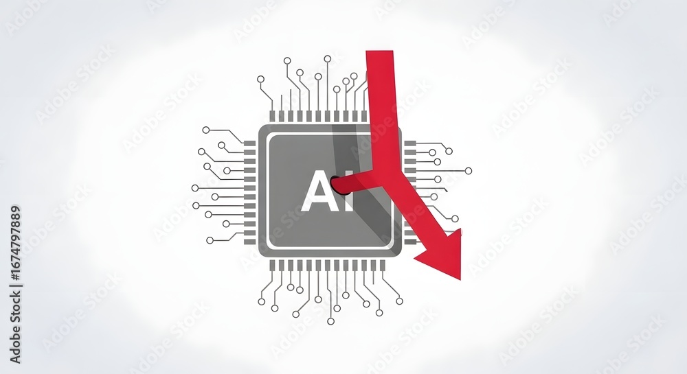 Poster artificial intelligence microchip with downward red arrow symbolizing decline or reduction