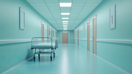 Empty hospital gurney in teal corridor