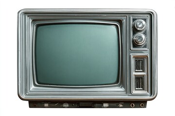 Retro television set, square screen, silver trim, buttons & ports