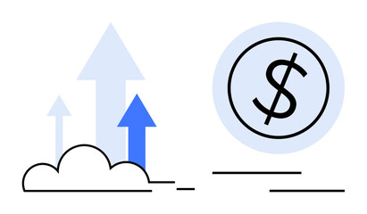 Arrows growing upward next to a dollar coin, symbolizing success, profit, business growth, and progress. Ideal for finance, investment, development, success economy innovation simple flat metaphor